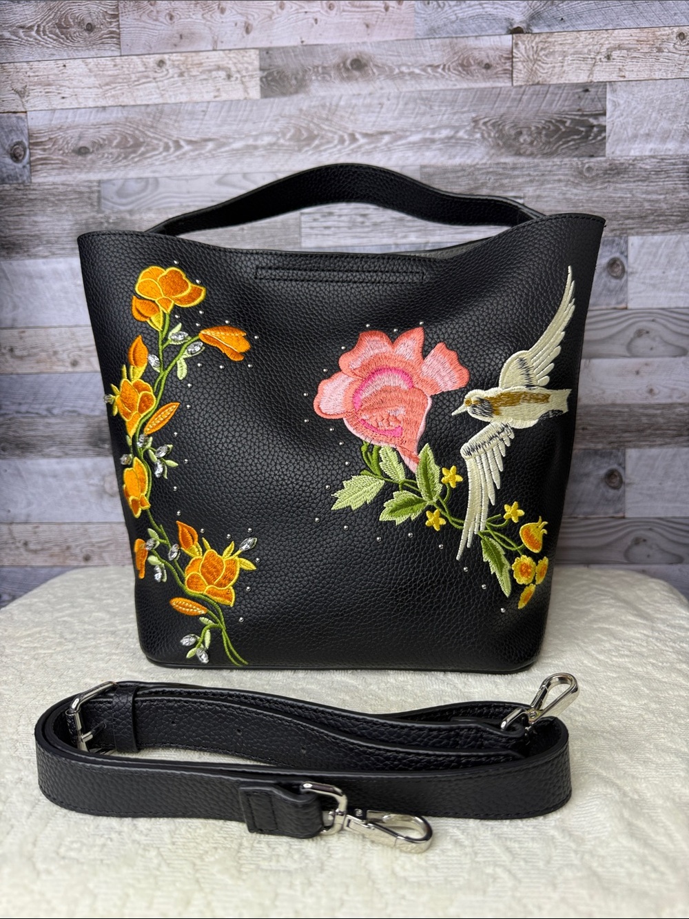 TOPSHOP Black Floral Embroidered Bucket Bag with Detachable Strap
